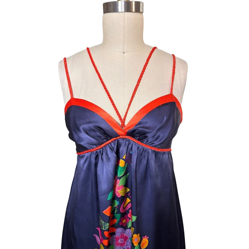 Boho Otomi Voom Floral 100% Silk Empire Waist Mini Dress M Navy Blue Vintage